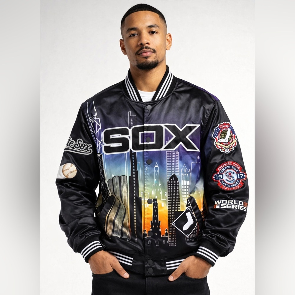 Chicago White Sox Satin Varsity Jacket Skyline Graphic MLB Pro Standard